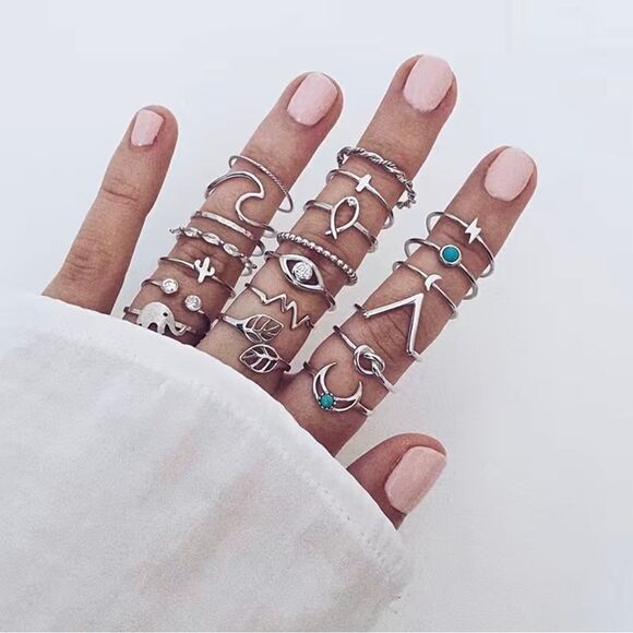 Sz 6-7, 20pc Boho stackable knuckle rings, moon jewelry, cross ring, bowknot - Picture 1 of 3
